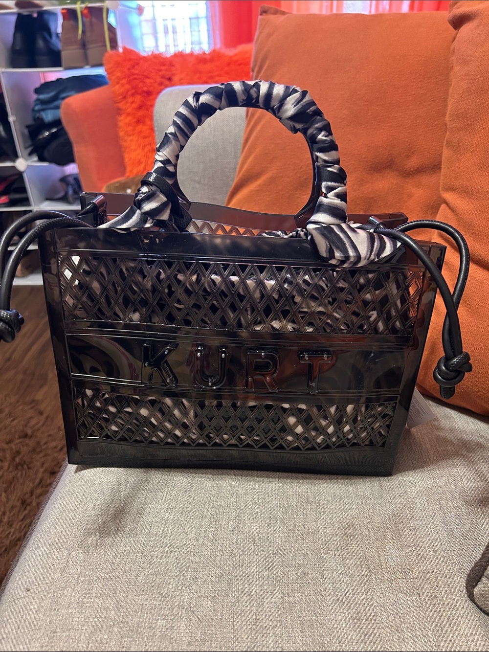 Kurt Geiger Black Transparent Lattice Tote with Zebra Scarf-Wrapped Handle